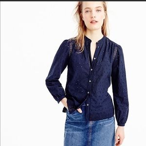 JCrew navy eyelet button up top with lace detail